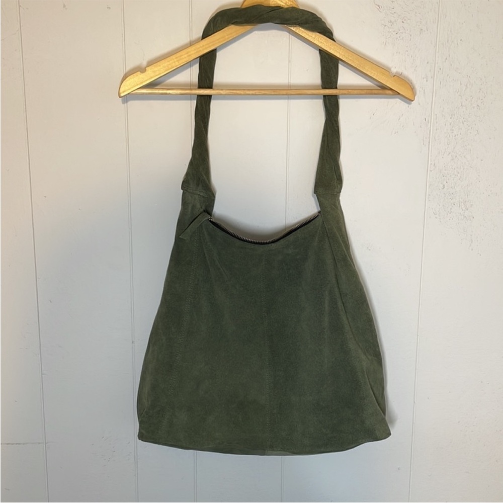 Topshop Suede Slouch Shoulder Bag Green Top Zip - Picture 2 of 8